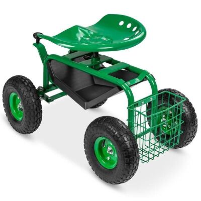 4-Wheel Garden Cart Mobile Rolling Work Seat w/Tool Tray, Storage Basket, Rubber Tires