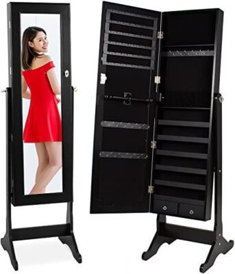 Full Length Standing Jewelry Mirror Armoire w/ Velvet Interior