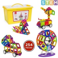 254-Piece Kids Magnetic Building Tiles Toy Set w/ Storage Box. Appears New. Storage Box is Blue, Picture Shows Yellow