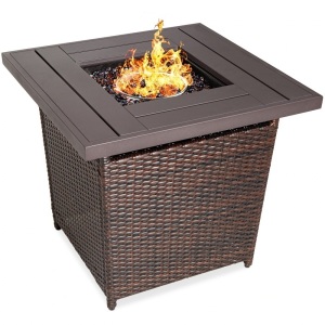 28in Fire Pit Table 50,000 BTU Wicker Propane w/ Faux Wood Tabletop, Cover