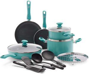 GreenLife Soft Grip Diamond Healthy Ceramic Nonstick, Cookware Pots and Pans Set, 13 Piece, Turquoise