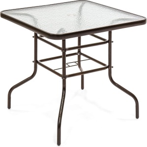 32in Square Tempered Glass Patio Bistro Table w/Umbrella Hole, Steel Frame