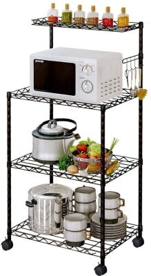 LENTIA 4-Tier Baker’s Rack Microwave Stand with Wire Mesh Shelves, 4-Side Hooks, 4 Wheel Casters ＆ Adjustable Leg Plug