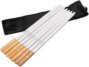 GOUTIME 23" Long, 1" Wide Stainless Steel Kabob Skewers with Wood Handle, Set of 7