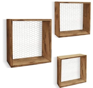 Set of 3 Wooden Chicken Wire Floating Shelves, Appears New