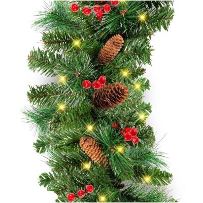 Lot of (2) 9ft Pre-Lit Christmas Garland w/ 50 Lights, Pine Cones, Berries