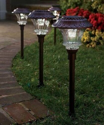 Plow & Hearth Solar LED Garden Stake Path Lights, Bronze, Set of 4&nbsp;