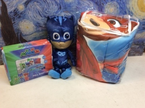 PJ Masks On Our Way Bedding Set. Includes: (6) Piece Microfiber Twin/Full Comforter, Full Size Sheet Set & Catboy Hero Cuddle Pillow. Appears New