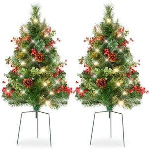 Lot of (10) Set of 2 Pre-Lit Pathway Christmas Trees w/ Pine Cones, Timer - 24.5in