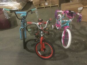 Lot of (3) Kids Bikes, Pink - Broken Training Wheel, Red - Broken Brake Cable, Blue -  Missing Pedal 