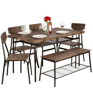 6-Piece Modern Dining Set w/ Storage Racks, Table, Bench, 4 Chairs - 55in