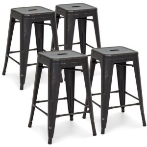 24in Set of 4 Stackable Modern Industrial Metal Counter Height Bar Stools, Bronzed Black