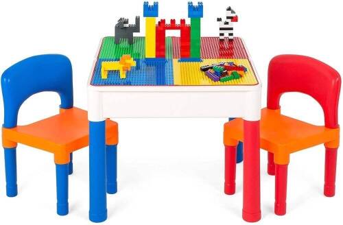 3-in-1 Kids Activity Table Set w/ Building Block Table, Craft Table, Water Table, Storage, 2 Chairs