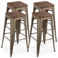 Set of 4 Industrial Steel Backless Bar Height Stools w/ Wooden Seats - 30in. Appears New