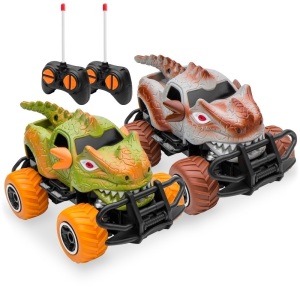 Set of 2 1/43 Scale 27MHz Toy Dinosaur RC Cars w/ 2 Controllers, 9mph Max Speed