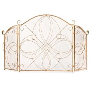 3-Panel Wrought Iron Metal Fireplace Screen Cover w/ Scroll Design - 55x33in