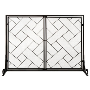 2-Panel Wrought Iron Geometric Fireplace Screen w/ Magnetic Doors - 44x33in