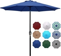 Blissun 9' Outdoor Aluminum Patio Umbrella, Striped Patio Umbrella, Market Striped Umbrella with Push Button Tilt and Crank (Navy Blue). Appears New.&nbsp;