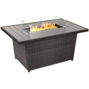 52in Wicker Propane Fire Pit Table, 50,000 BTU w/ Glass Wind Guard, Cover. Appears New