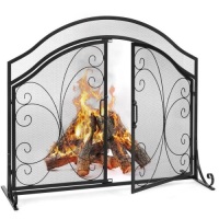 Single Panel 43x37in Wrought Iron Mesh Fireplace Screen w/ Magnetic Doors. Appears New&nbsp;