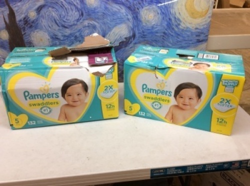 Lot of (2)- Pampers Swaddlers Size 5. 132 Count. Appears New With Damaged Boxes