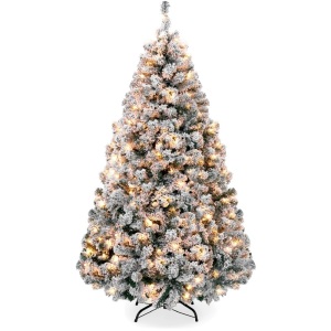 Pre-Lit Snow Flocked Artificial Pine Christmas Tree w/ Warm White Lights - 7.5ft