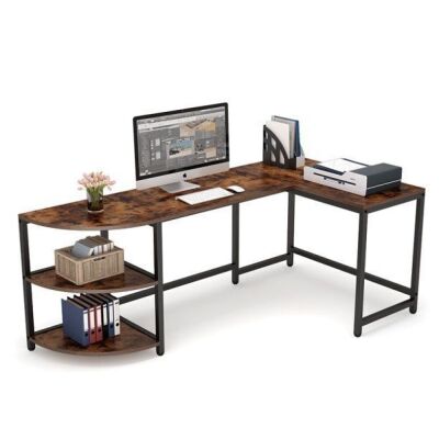 74" L-Shaped Desk with 3-Tier Reversible Corner Storage Shelf