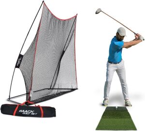 Rukket 3pc Golf Net Bundle, 10x7ft Haack Golf Hitting Net, Tri Turf Mat & Carry Bag