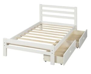 White Twin Wood Platform Bed with 2-Drawers