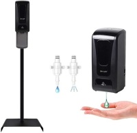 Touchless Automatic Portable Hand Sanitizing Station w/ Steel Floor & Drip Catcher. Infrared Sensor. Refillable 1000ml Bottle - Black. Appears New. Damaged Box