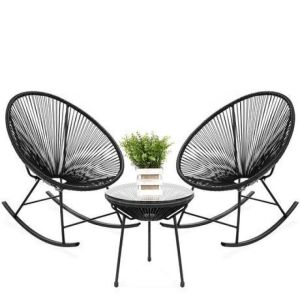 3-Piece Patio Woven Rope Acapulco Rocking Chair Bistro Set