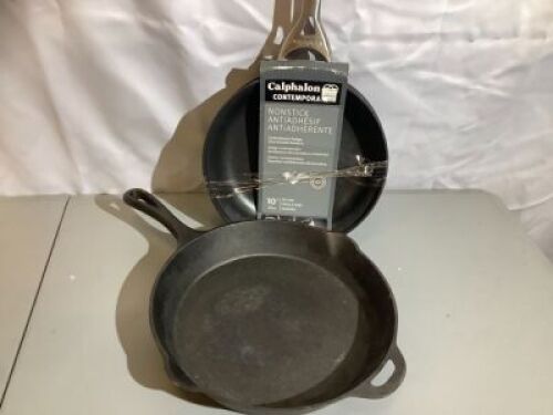 Lot of (3) Fry Pans, 2 10" Nonstick, 1 Iron Skillet, Ecommerce Return