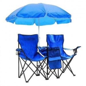 Portable Folding Picnic Double Chair with Cooler & Umbrella 