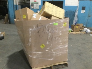 Pallet of Salvage Returns Labeled "Broken Glass"