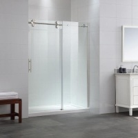 OVE Doors&nbsp;Sydney 78.75-in H x 58.25-in to 59.75-in W Frameless Bypass/Sliding Satin Nickel Shower Door (Clear Glass). Appears New with Chip in Glass. SEE PICTURES