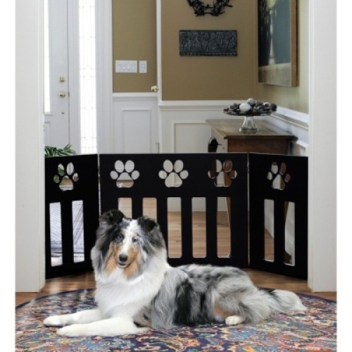 Pet Store Wooden Paw Decor Pet Gate (Black).&nbsp;Measures 19" high and adjusts to up to 4 feet wide. NEW