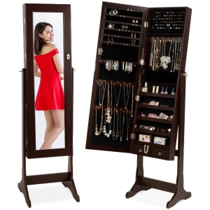 Full Length Standing Jewelry Mirror Armoire w/ Velvet Interior 