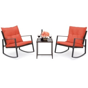 3-Piece Patio Wicker Bistro Furniture Set w/ 2 Rocking Chairs, Glass Side Table, Cushions