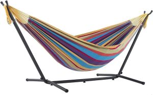 Vivere Double Cotton Hammock with Space Saving Steel Stand, Tropical, 450 lb Capacity