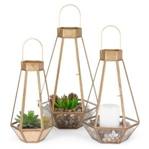 Set of 3 Indoor Outdoor Decorative Metal Faceted Hurricane Candle Lanterns w/ Clear Glass - Brass 