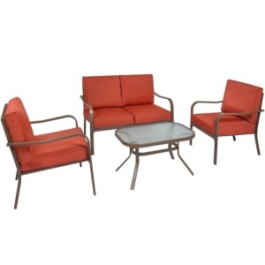 4-Piece Cushioned Patio Furniture Conversation Set w/ Loveseat, 2 Chairs, Coffee Table - Red 
