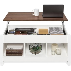 Wooden Lift Top Coffee Table w/ Display Shelves - White/Brown  