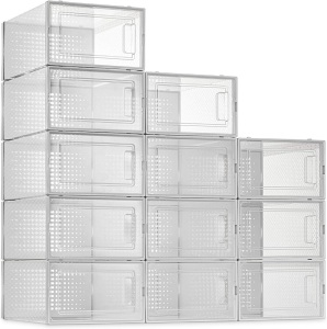 SESENO. 12 Pack Clear Plastic Stackable Shoe Organizer Bins, Drawer Type Front Opening