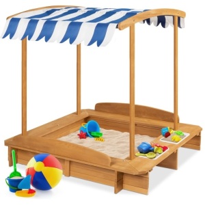 Kids Wooden Cabana Sandbox w/ Benches, Canopy Shade, Sand Cover, 2 Buckets 