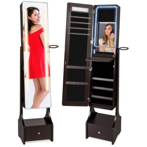 Standing Full Length LED Mirror Jewelry Armoire w/Interior & Exterior Lights 