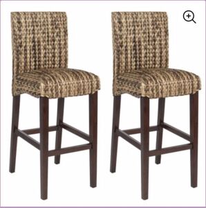 Set of 2 Hand Woven Seagrass Bar Stools, Mahogany Wood