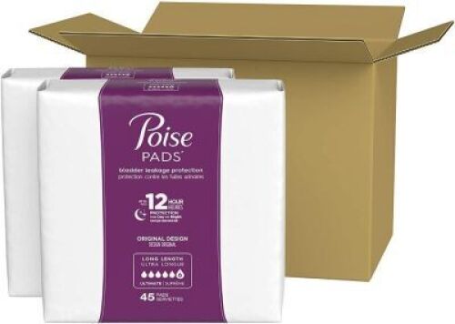Poise Incontinence Pads for Women, Ultimate Absorbency, Long, Original Design, 90 Count (2 Packs of 45) - NEW