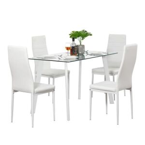 5 Piece Kitchen Dining Table Set with Glass Table Top, Leather Padded Chairs and Metal Frame Table