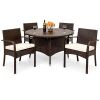 5-Piece Patio Wicker Dining Set Furniture w/Round Table, 4 Chairs, Cushions