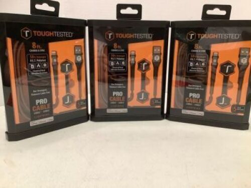 Lot of (3) ToughTested 8 Ft, Charge and Sync Cable, Appears New